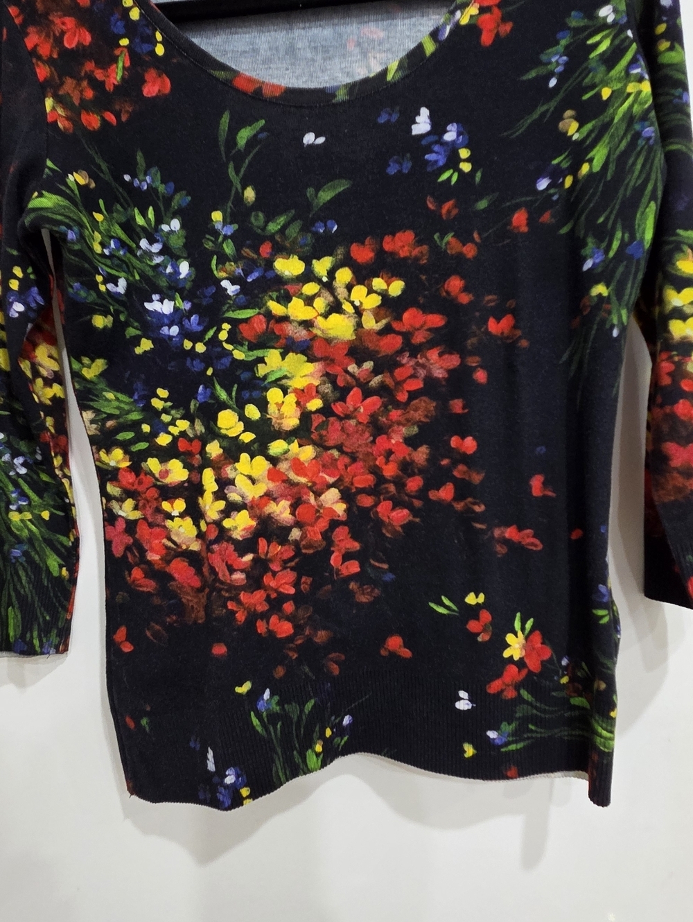 Escada Black Scoop Neck Top with Multicolor Floral Accents